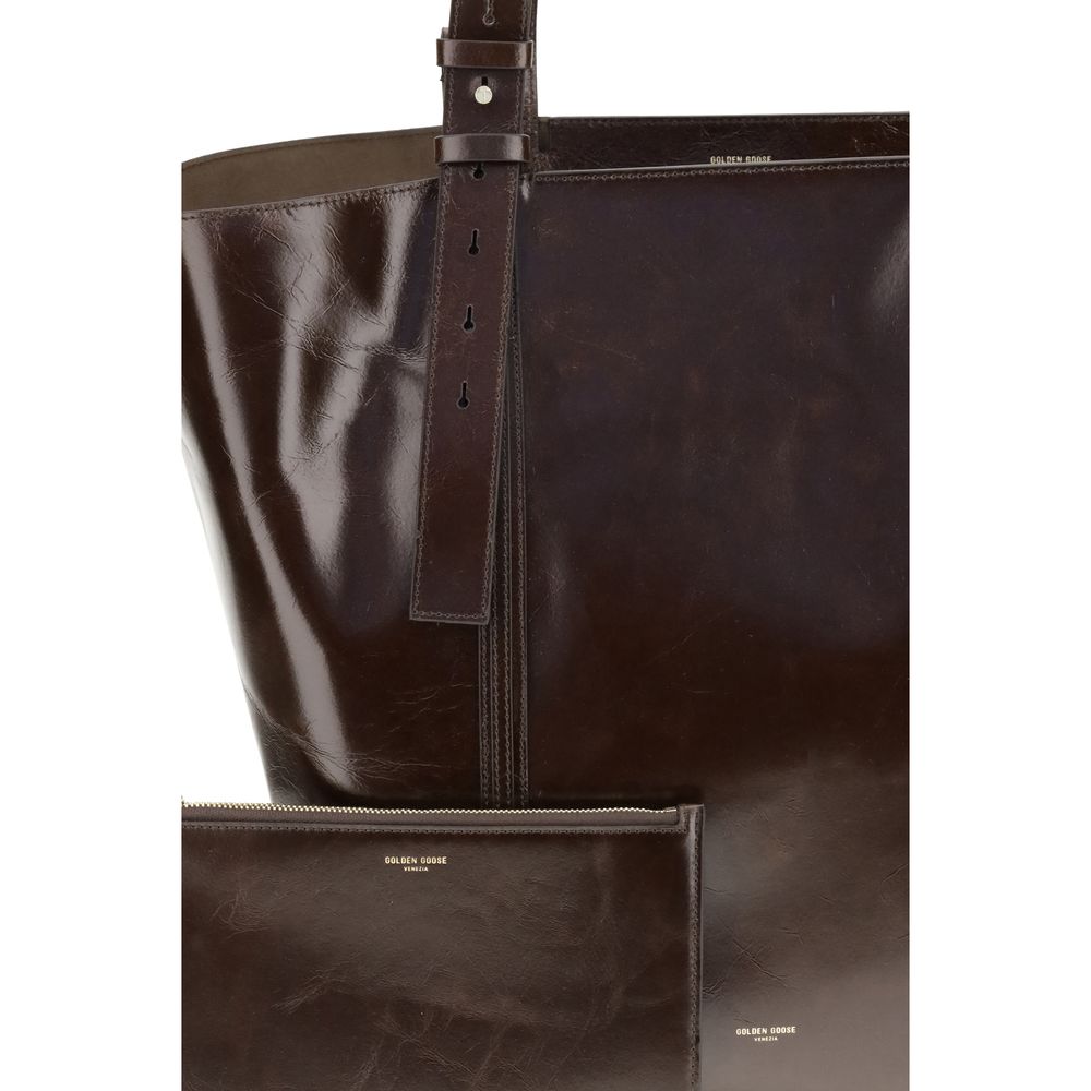 Golden Goose Brown Calf Leather Bos Taurus Shoulder Bag with adjustable handles and logo print, AW25 collection.
