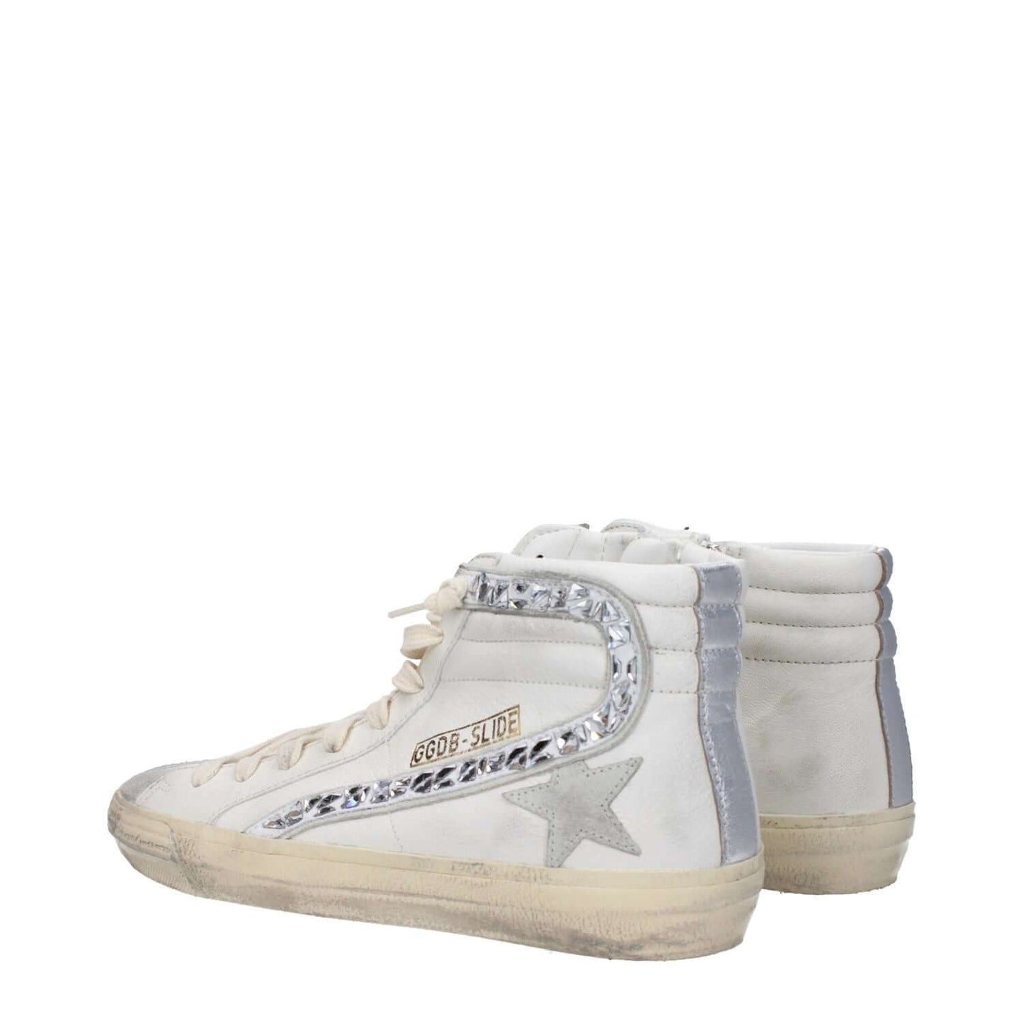 Golden Goose White Leather High Top Sneakers with vintage effect and silver details, featuring a front and side logo.