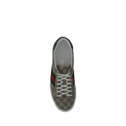 Top view of Gucci Beige Rubber Low Top Sneakers with lace-up closure and iconic GG jacquard fabric