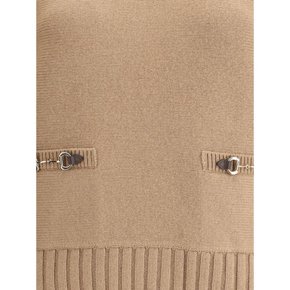 Gucci Beige Wool Sweatshirt with gold-tone faux welt pockets, ribbed hem, and cashmere blend for AW25 collection.