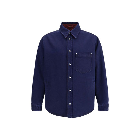 Gucci Blue Denim Shirt with metal buttons, reversible design featuring red and blue GG flannel, and an embossed Gucci label, AW25 collection.