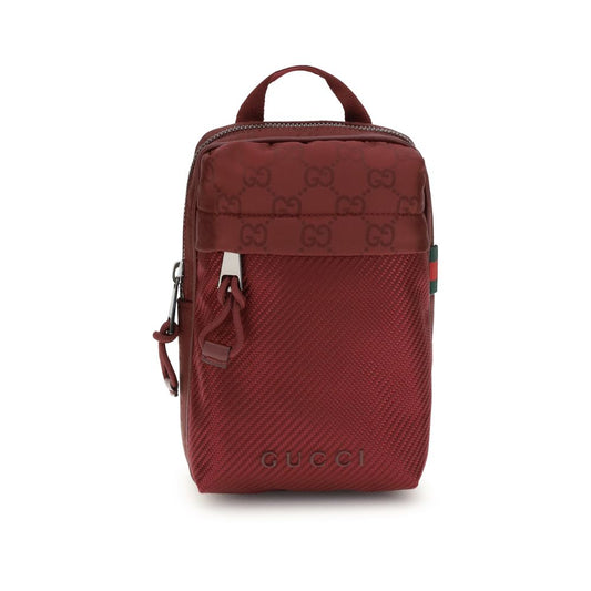 Gucci Bordeaux Polyamide Shoulder Bag with iconic green and red web, mesh detail, and zippered pocket for versatile convenience.