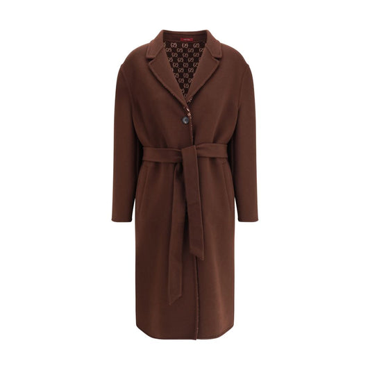 Gucci Brown Wool Coat with notch lapels and reversible silk wool design, showcasing side pockets and a button closure for elegant style.