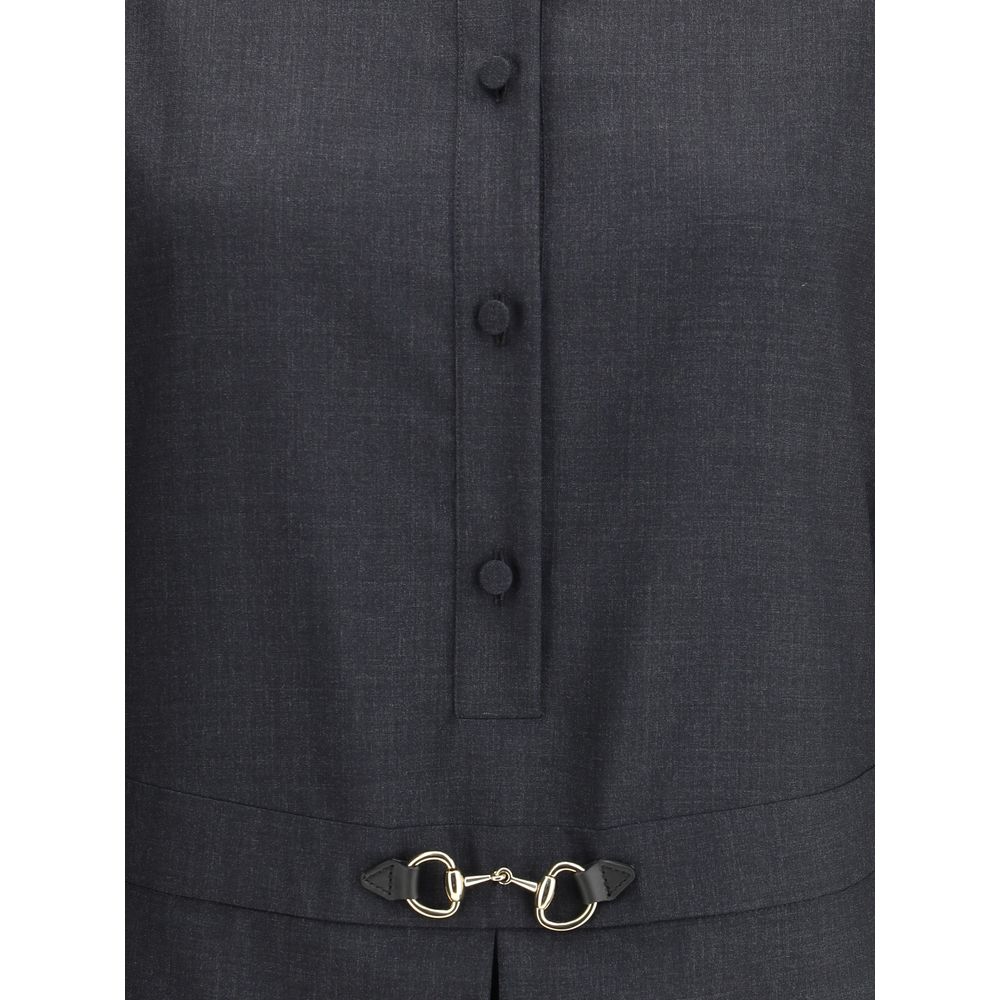 Gucci Gray Wool Casual Dress with front buttons and horsebit detail highlighting elegant design.