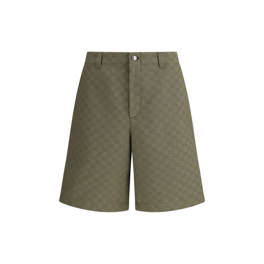 Gucci Green Cotton Bermuda Shorts with GG pattern, versatile and stylish, featuring a front zipper and button closure, perfect for AW25.
