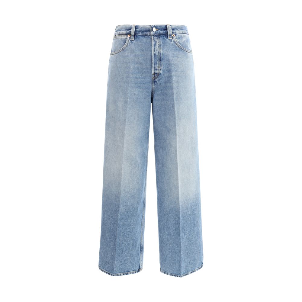 Gucci Light Blue Cotton Jeans Denim with wide leg, high waist, contrast stitching, and vintage faded effect for AW25 season.