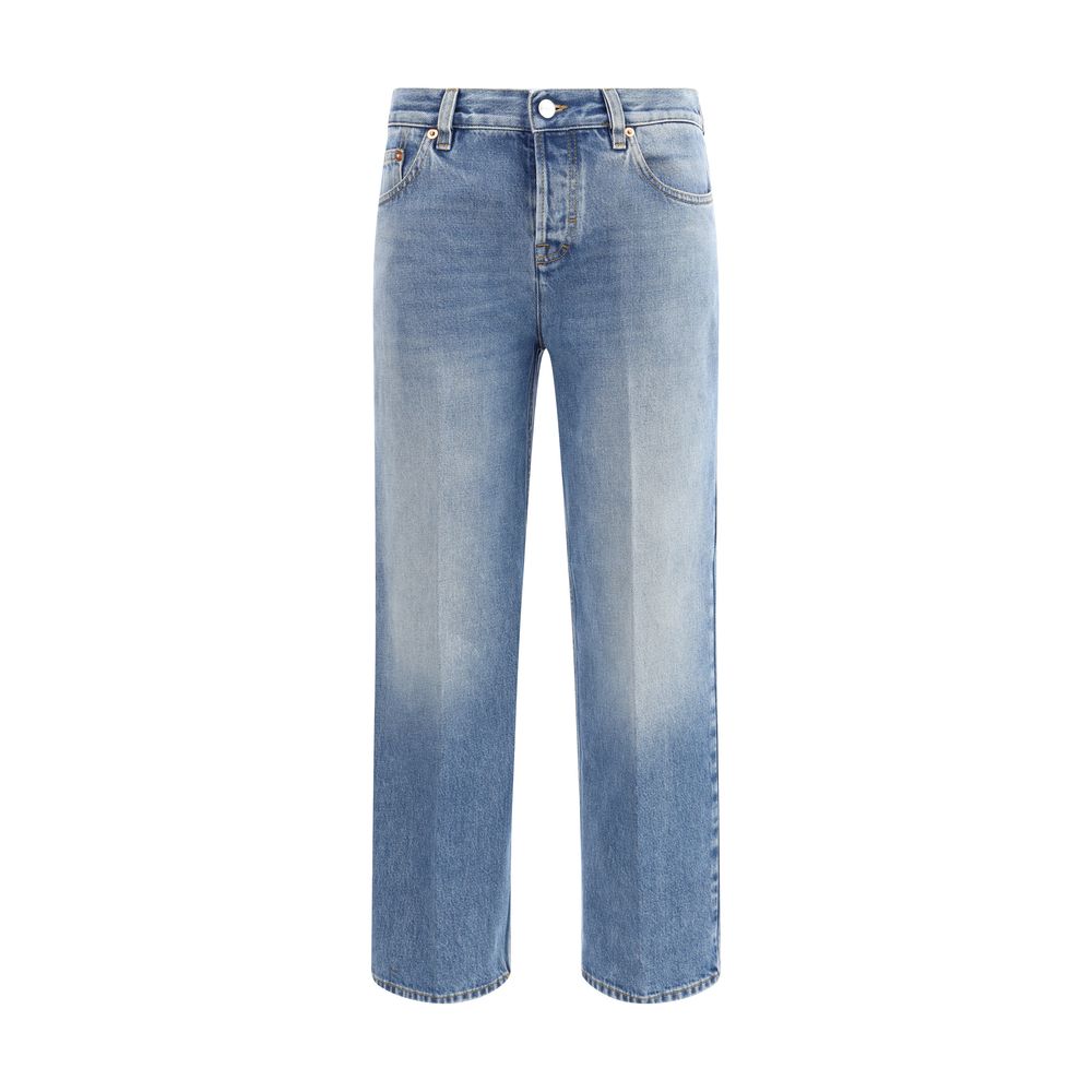 Gucci Light Blue Cotton Straight-Leg Jeans with five-pocket design and naplak label, front view image, AW25, 100% cotton fabric.