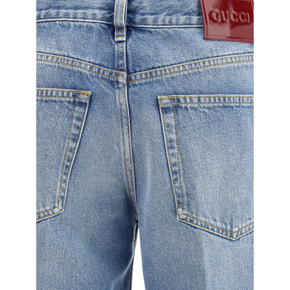 Back view of Gucci Light Blue Cotton Straight-Leg Jeans with naplak label and classic five-pocket design.