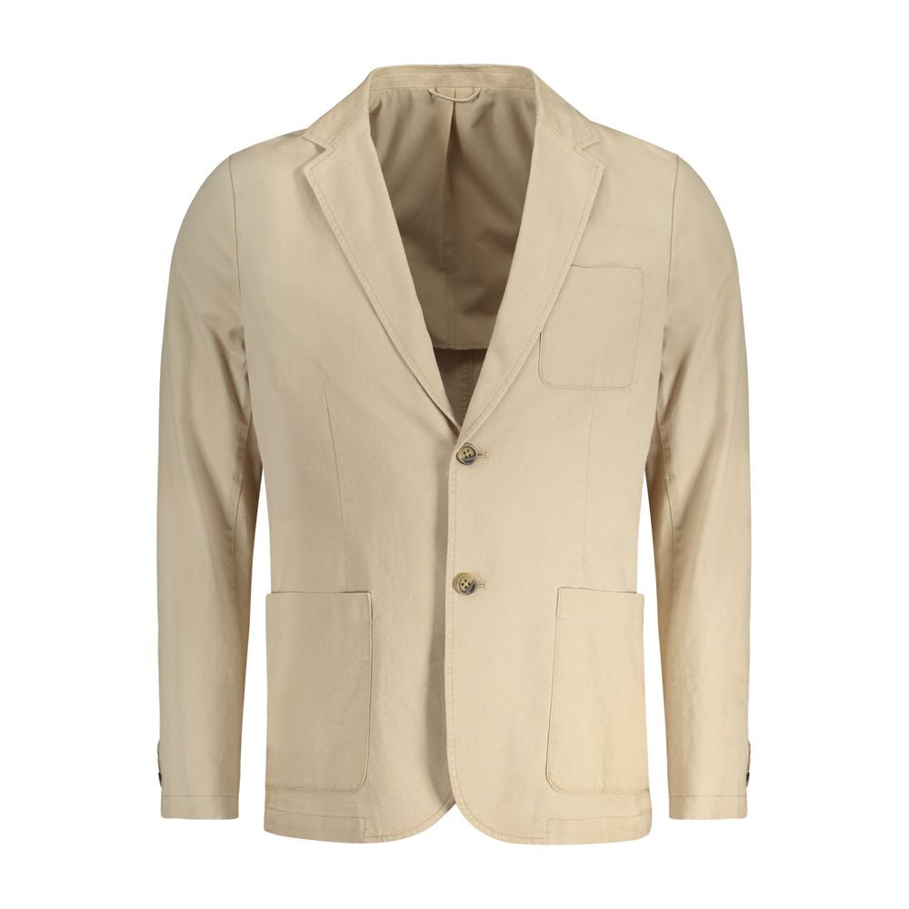 Guess Jeans Beige Cotton Men Jacket with long sleeves and versatile pockets, perfect blend of comfort and style.