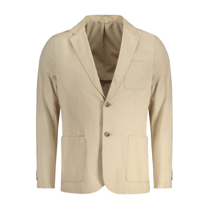 Guess Jeans Beige Cotton Men Jacket with long sleeves and versatile pockets, perfect blend of comfort and style.