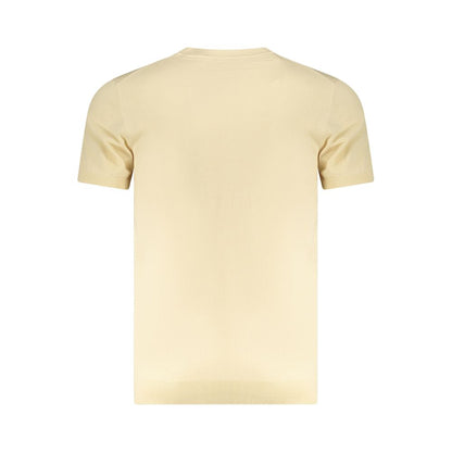 Back view of Guess Jeans Beige Cotton Sweater with short sleeves, crew neck, and embroidered logo.