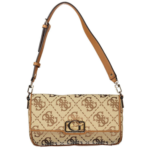 Guess Jeans Beige Polyester Women Handbag with logo pattern and removable shoulder strap, stylish and practical, perfect for versatile fashion.