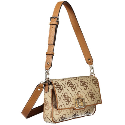 Guess Jeans Beige Polyester Women Handbag with removable shoulder strap and multiple pockets, offering stylish and versatile carrying options.