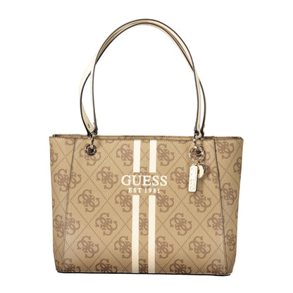 Guess Jeans Beige Polyethylene Women Handbag with double handles and logo design, featuring elegant stripes and spacious compartments.