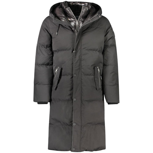 Guess Jeans Black Polyester Men Jacket with hood, double zipper, and pockets, for modern sophistication and functionality.