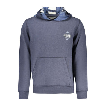 Guess Jeans Blue Cotton Men Sweater with hood and logo, showcasing casual style and central pocket detailing.