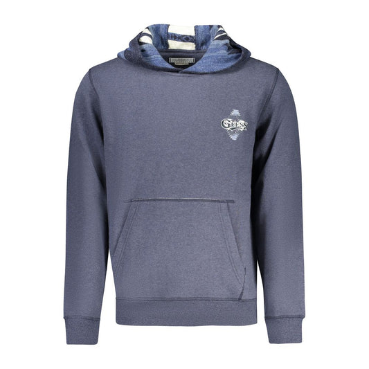 Guess Jeans Blue Cotton Men Sweater with hood and logo, showcasing casual style and central pocket detailing.