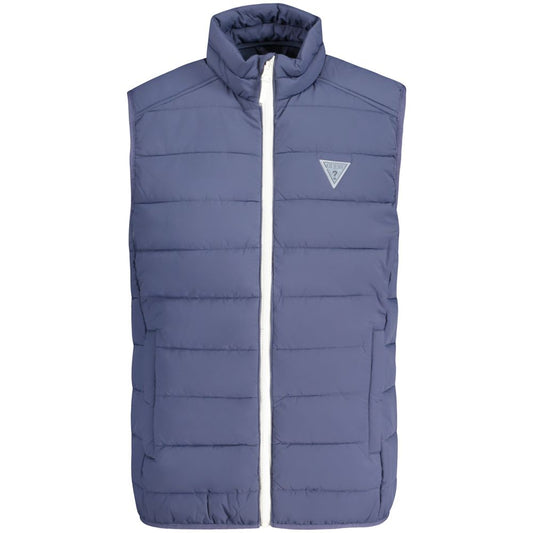 Guess Jeans Blue Spandex Men Jacket - Stylish and durable sleeveless jacket with logo and zip, perfect for a bold fashion statement.