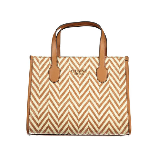 Guess Jeans Brown Cotton Handbag with zigzag pattern, features handles and adjustable strap, external pocket, and logo detail.