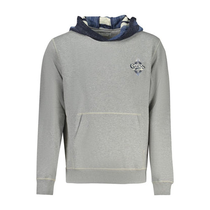 Guess Jeans Gray Cotton Men Sweater with hood and embroidery logo, featuring a central pocket and bold accents, ideal for casual wear.