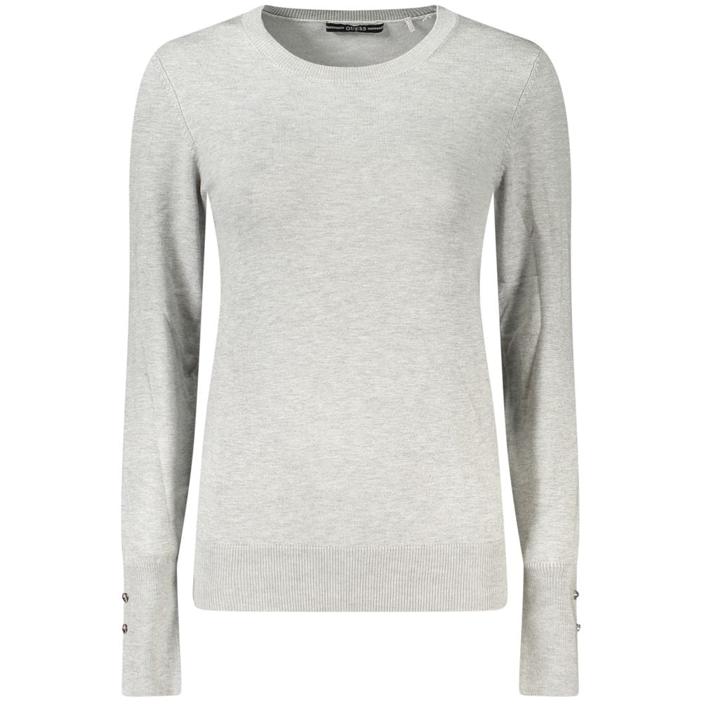 Guess Jeans Gray Viscose Women Sweater with rhinestone details, crew neck, and long sleeves for stylish comfort.