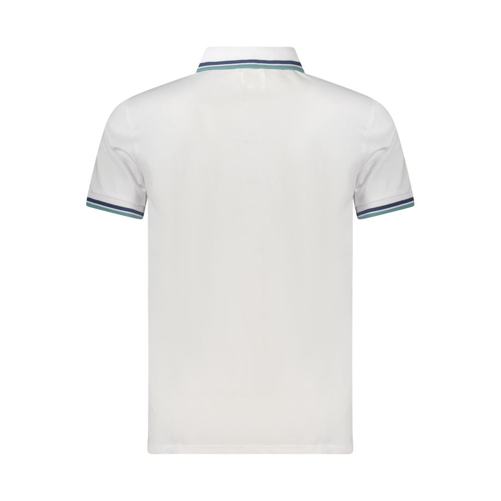 Back view of Guess Jeans White Cotton Men Polo Shirt showcasing sharp contrasting details and iconic embroidered logo.
