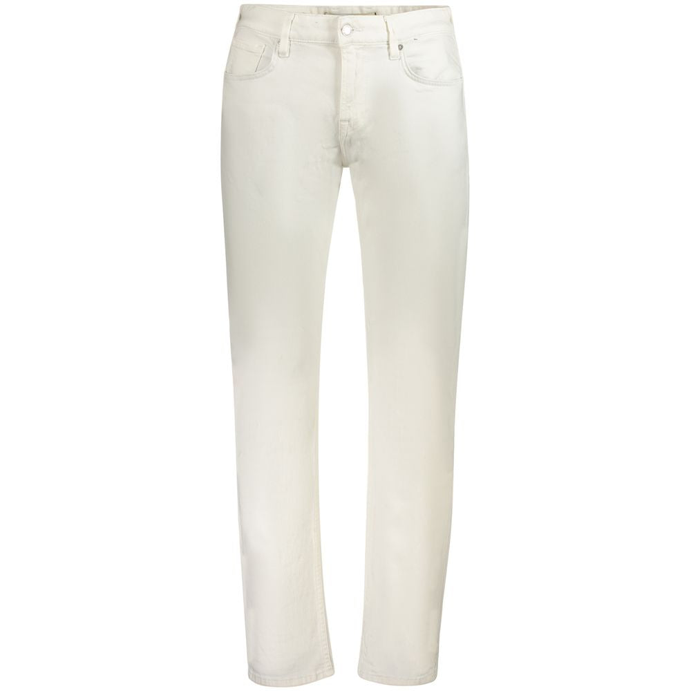 Guess Jeans White Cotton Mens Jeans slim fit with 5-pocket design, button and zip closure, featuring iconic Guess logo.