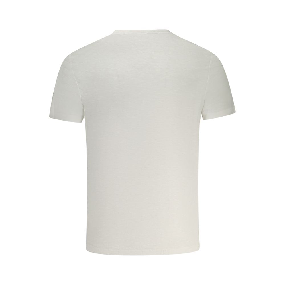 Back view of Guess Jeans White Cotton T-Shirt, short sleeve, slim fit, crew neck with logo embroidery.