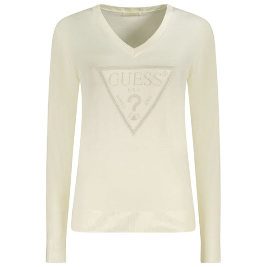 Guess Jeans White Viscose Sweater - Long-sleeved V-neck with contrasting details and logo design