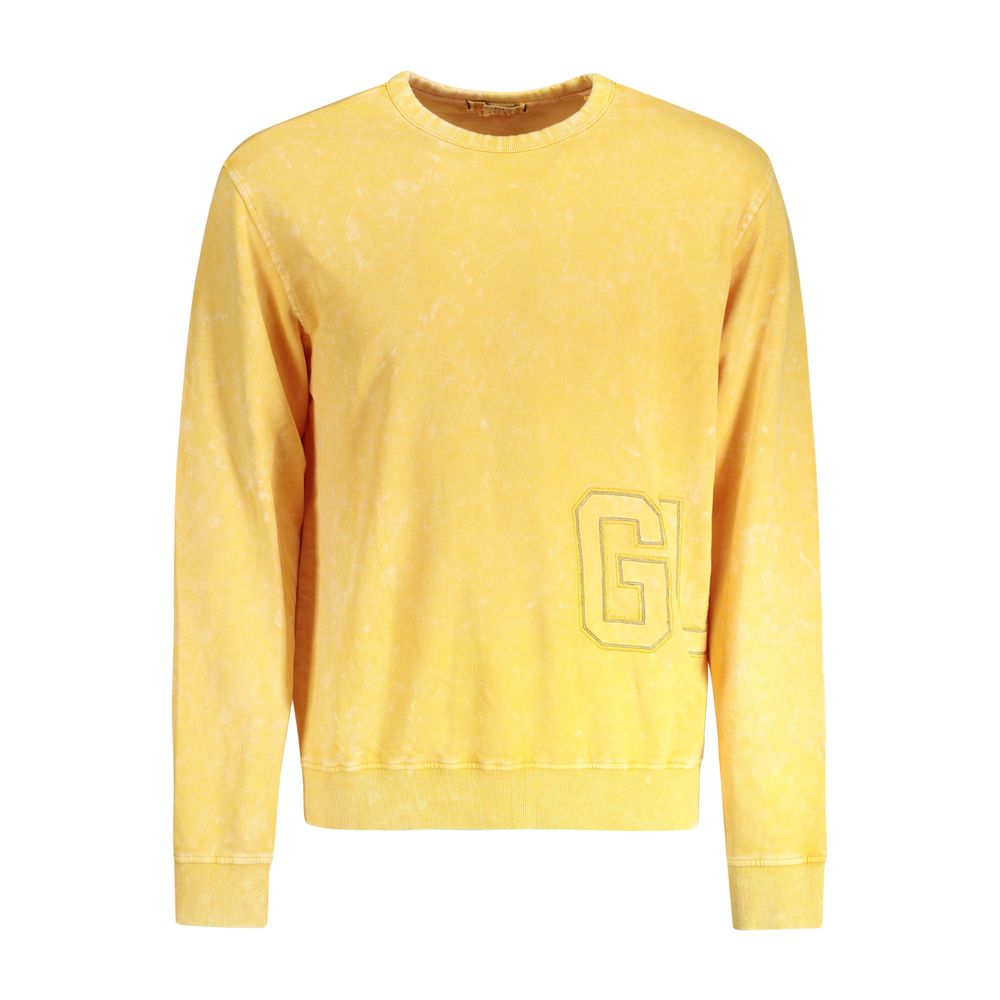 Guess Jeans Yellow Cotton Men Sweater with logo embroidery, crew neck, and long sleeves, showcasing trendy washed effect.