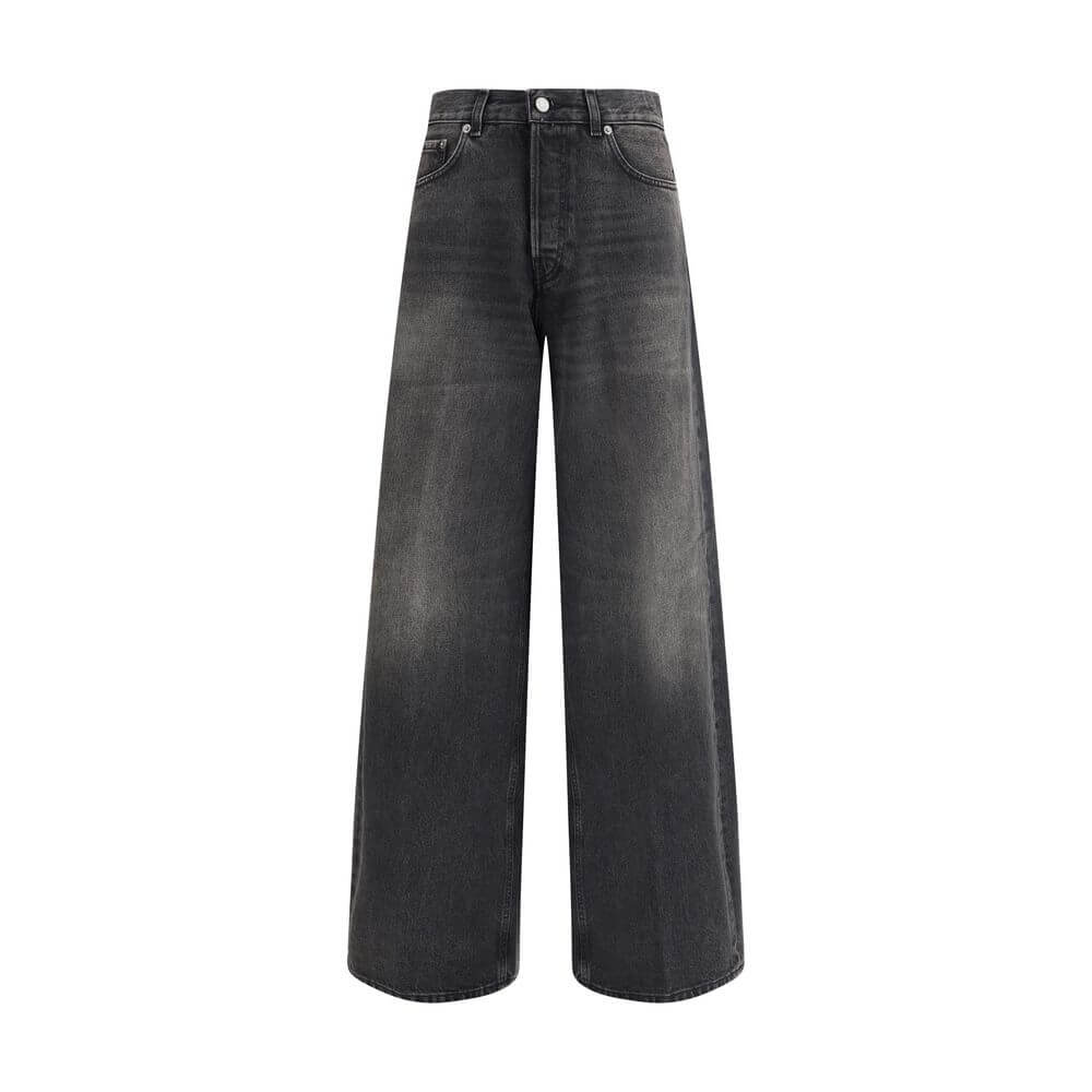 Haikure Black Cotton Relaxed Fit Jeans, oversize wide-leg style with five-pocket design and logoed leather patch. 100% cotton.