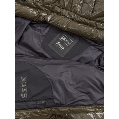 Herno Green Polyamide Parka showing interior label and padded texture