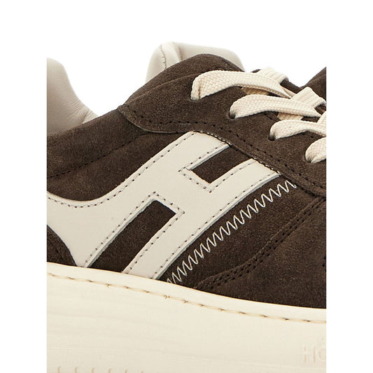 Hogan Pre Sneakers Hogan H630 coffee brown, leather, front lace-up, logo patch, branded heel, contrasting accents, side view