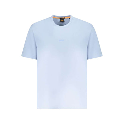 Hugo Boss Blue Cotton Men T-Shirt with logo, crew neck, short sleeves, relaxed fit, organic cotton elastane blend for comfort and style.