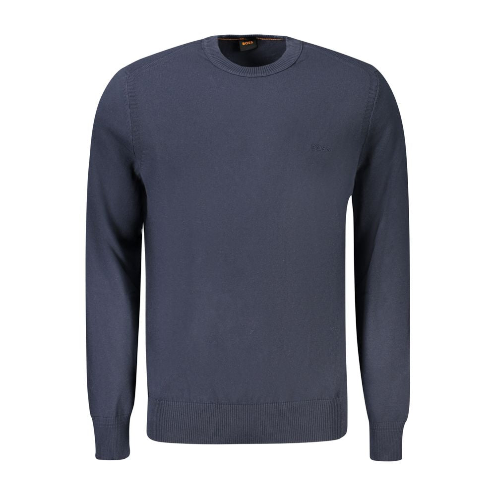 Hugo Boss Blue Cotton Sweater, long-sleeved, crew neck, with subtle logo embroidery - perfect fashion piece for elegant casual wear