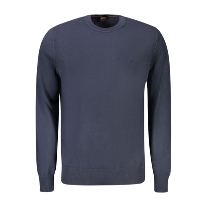 Hugo Boss Blue Cotton Sweater, long-sleeved, crew neck, with subtle logo embroidery - perfect fashion piece for elegant casual wear