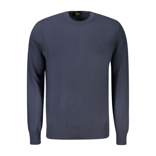 Hugo Boss Blue Cotton Sweater, long sleeved, crew neck, featuring embroidery and logo.