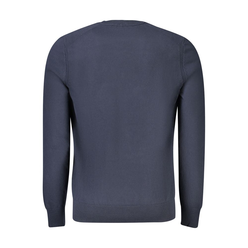 Hugo Boss Blue Cotton Sweater with long sleeves, crew neck, and logo embroidery, rear view.