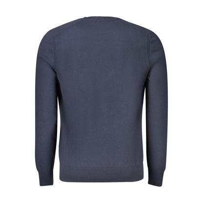 Hugo Boss Blue Cotton Sweater with long sleeves, crew neck, and logo embroidery, rear view.