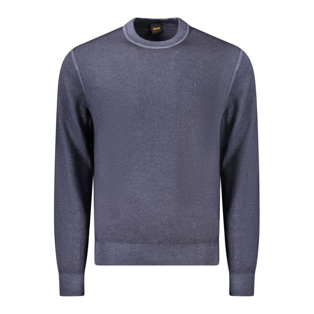 Hugo Boss Blue Wool Sweater with crew neck and logo embroidery, long-sleeved T-shirt design for a stylish look.