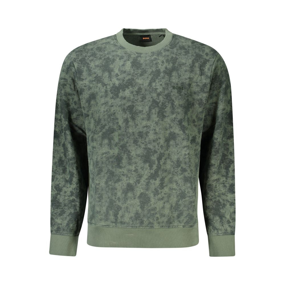 Hugo Boss Green Cotton Men Sweater with iconic embroidery, brushed cotton for comfort, and contrasting accents for a bold look.
