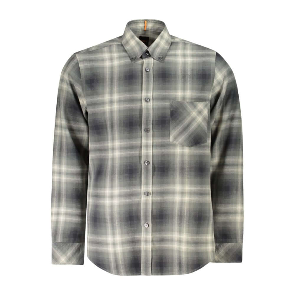 Hugo Boss Green Cotton Shirt with button down collar, one pocket, long sleeves, and contrasting details, made from recycled cotton.