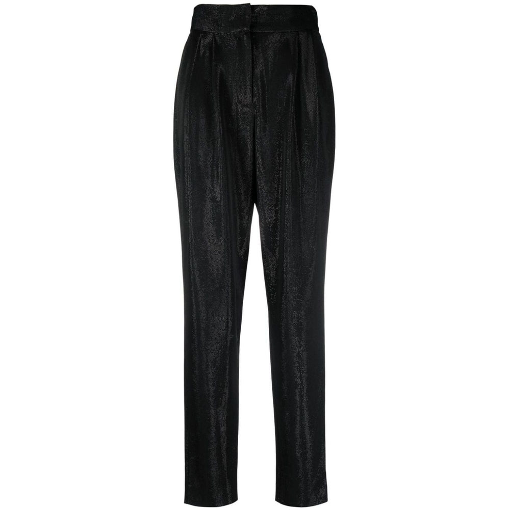 Iro Trousers Black featuring high-waist design with a high-shine finish, straight fit, and concealed fly with button fastening.