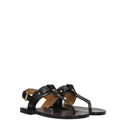 Isabel Marant Black Leather Flip-Flop Sandals with studs, open toe, and buckle closure, featuring a low flat heel and casual style.
