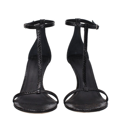 Isabel Marant Black Leather Stiletto Heel Sandals with suede straps and leather sole, featuring an open toe and self-tie closure.