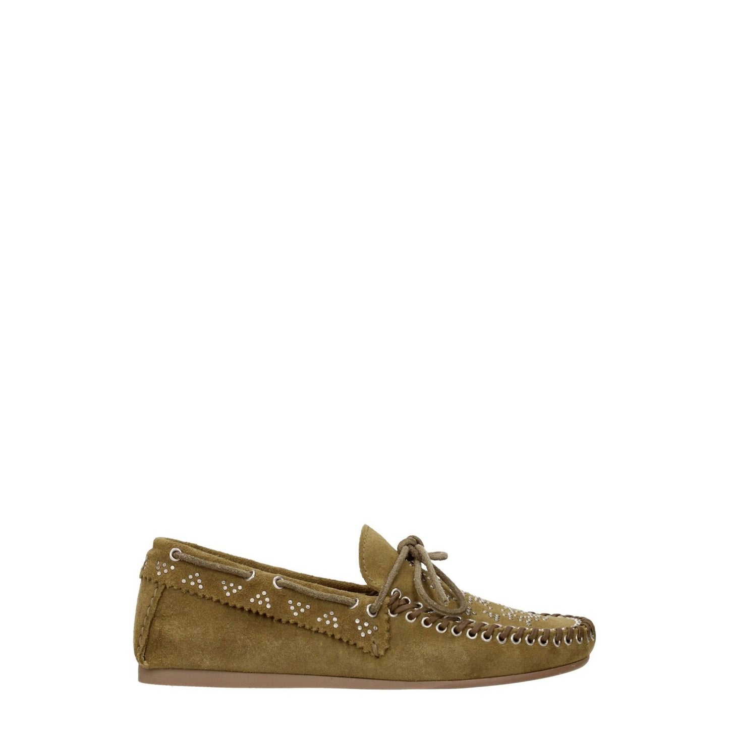 Isabel Marant Green Leather Slip-On Loafers with studs and vintage effect, suede material, round toe, rubber sole, casual style footwear.