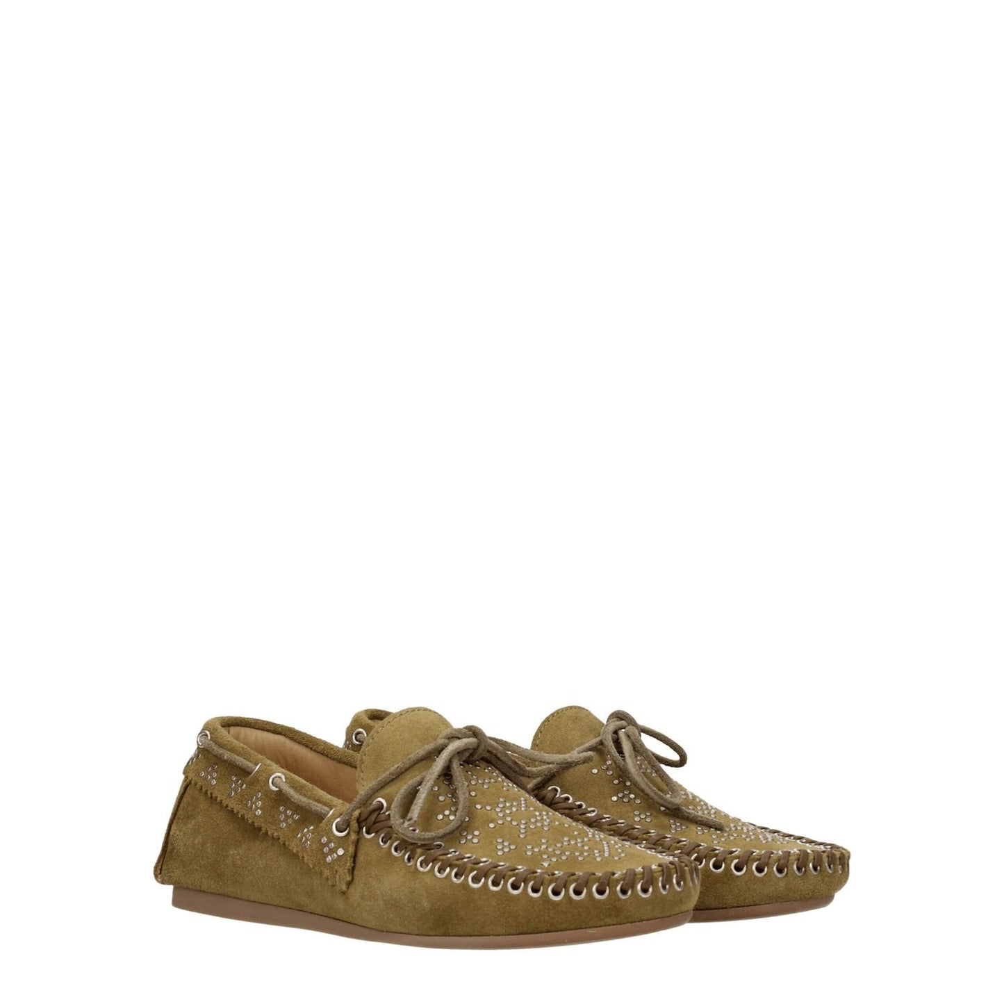 Isabel Marant Green Leather Slip-On Loafers with studs, vintage effect, round toe, and rubber sole.