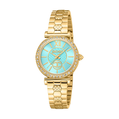 JUST CAVALLI TIME WATCHES Mod. JC1L273M0065, gold ladies wristwatch with blue dial and Seiko Movement VJ20, 5 ATM water resistant.