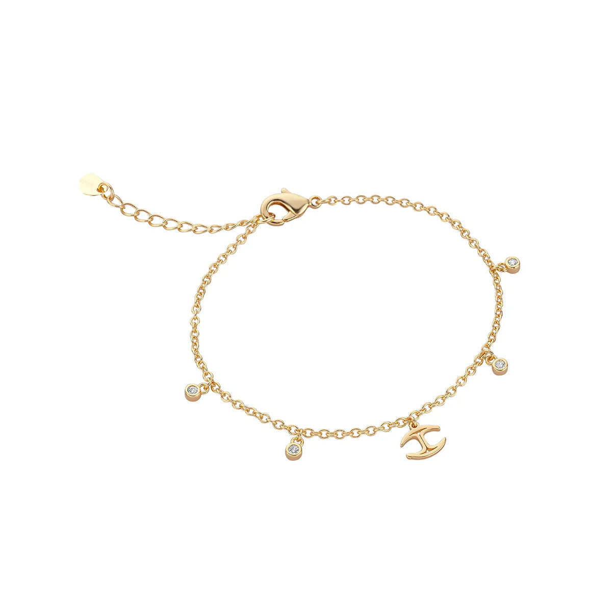 Gold chain bracelet with small charms, featuring a lobster clasp and elegant design. Ideal for daily wear or special occasions.