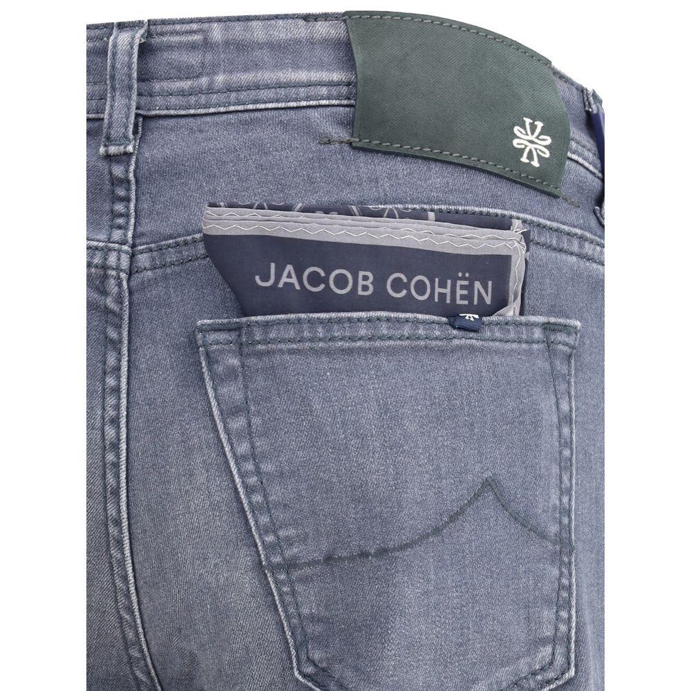 Back pocket detail of Jacob Cohen Gray Cotton Slim Fit Jeans showcasing label and stitching.